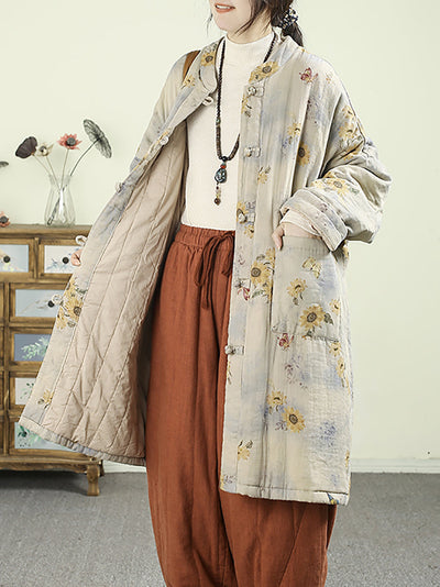 Women Ethnic Autumn Flower 100%Cotton Padded Coat