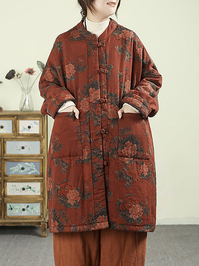 Women Ethnic Autumn Flower 100%Cotton Padded Coat