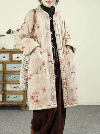 Women Ethnic Autumn Flower 100%Cotton Padded Coat