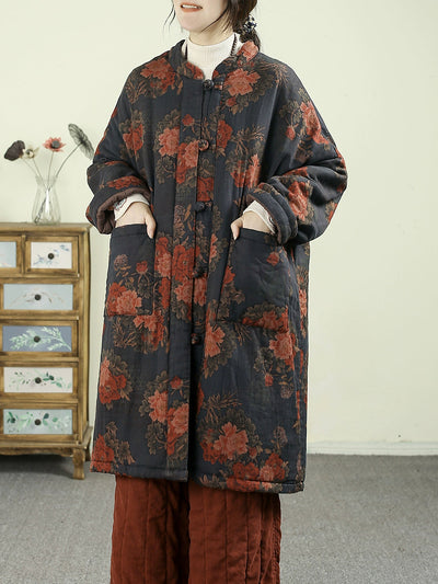 Women Ethnic Autumn Flower 100%Cotton Padded Coat