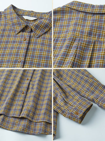 Women Autumn Artsy Plaid Turn-down Collar 100%Cotton Shirt