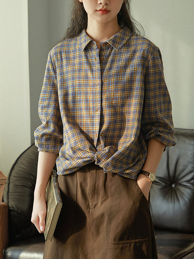 Women Autumn Artsy Plaid Turn-down Collar 100%Cotton Shirt
