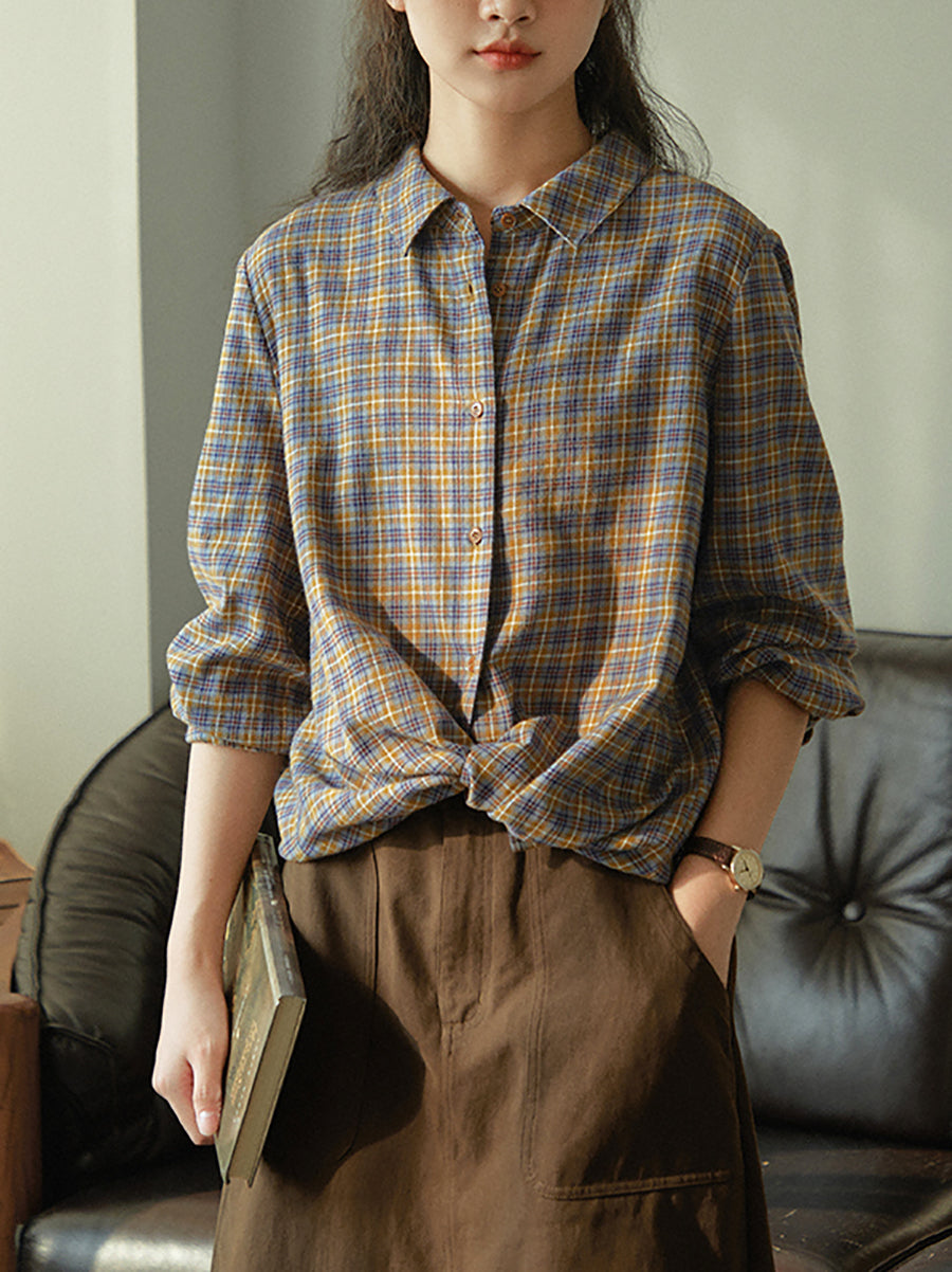 Women Autumn Artsy Plaid Turn-down Collar 100%Cotton Shirt