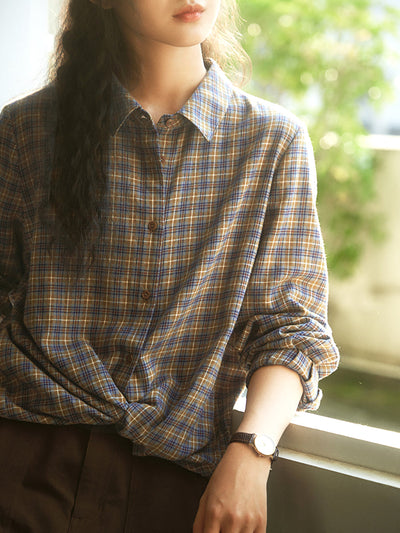 Women Autumn Artsy Plaid Turn-down Collar 100%Cotton Shirt