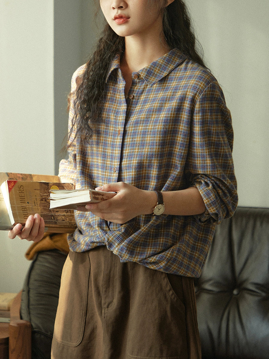 Women Autumn Artsy Plaid Turn-down Collar 100%Cotton Shirt