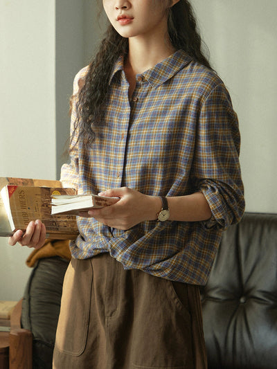 Women Autumn Artsy Plaid Turn-down Collar 100%Cotton Shirt