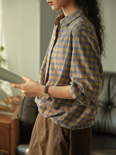 Women Autumn Artsy Plaid Turn-down Collar 100%Cotton Shirt