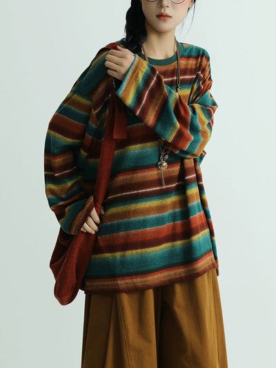 Women Autumn Artsy Stripe Cotton O-Neck Blouse