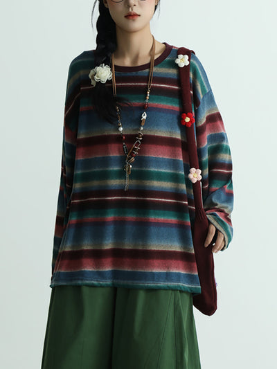 Women Autumn Artsy Stripe Cotton O-Neck Blouse