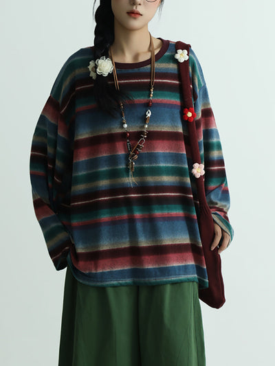 Women Autumn Artsy Stripe Cotton O-Neck Blouse