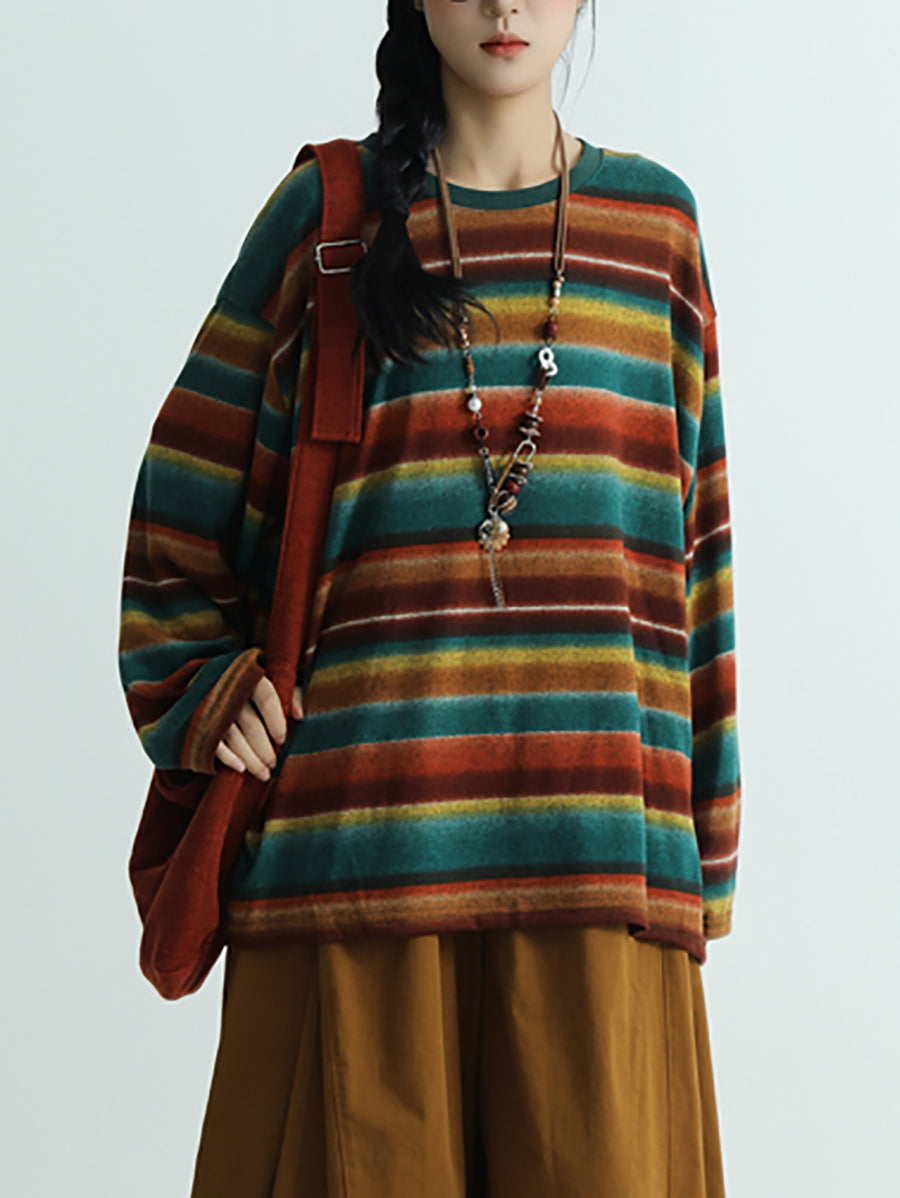 Women Autumn Artsy Stripe Cotton O-Neck Blouse