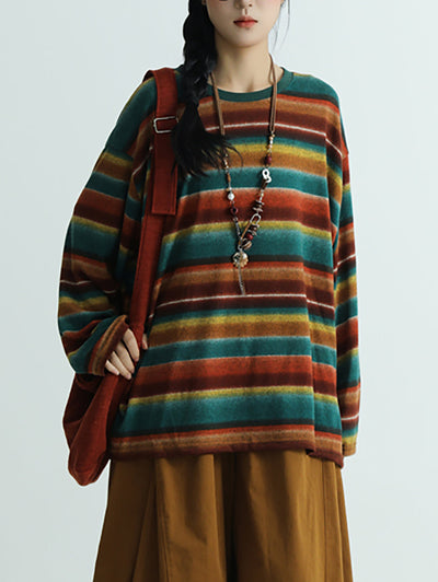 Women Autumn Artsy Stripe Cotton O-Neck Blouse