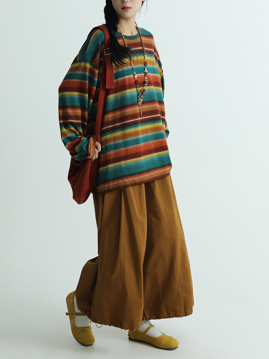 Women Autumn Artsy Stripe Cotton O-Neck Blouse