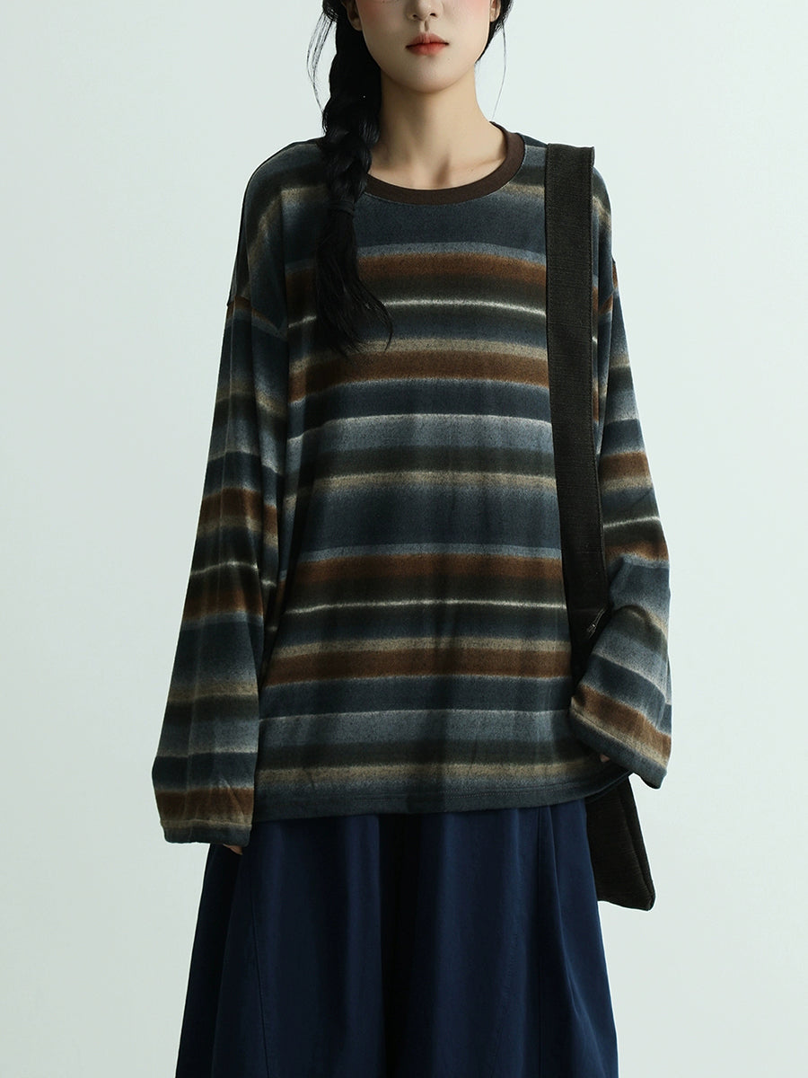 Women Autumn Artsy Stripe Cotton O-Neck Blouse