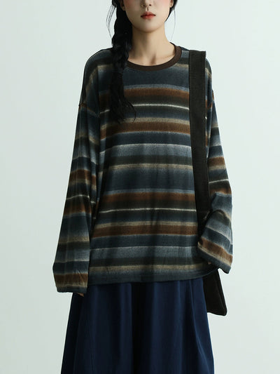 Women Autumn Artsy Stripe Cotton O-Neck Blouse