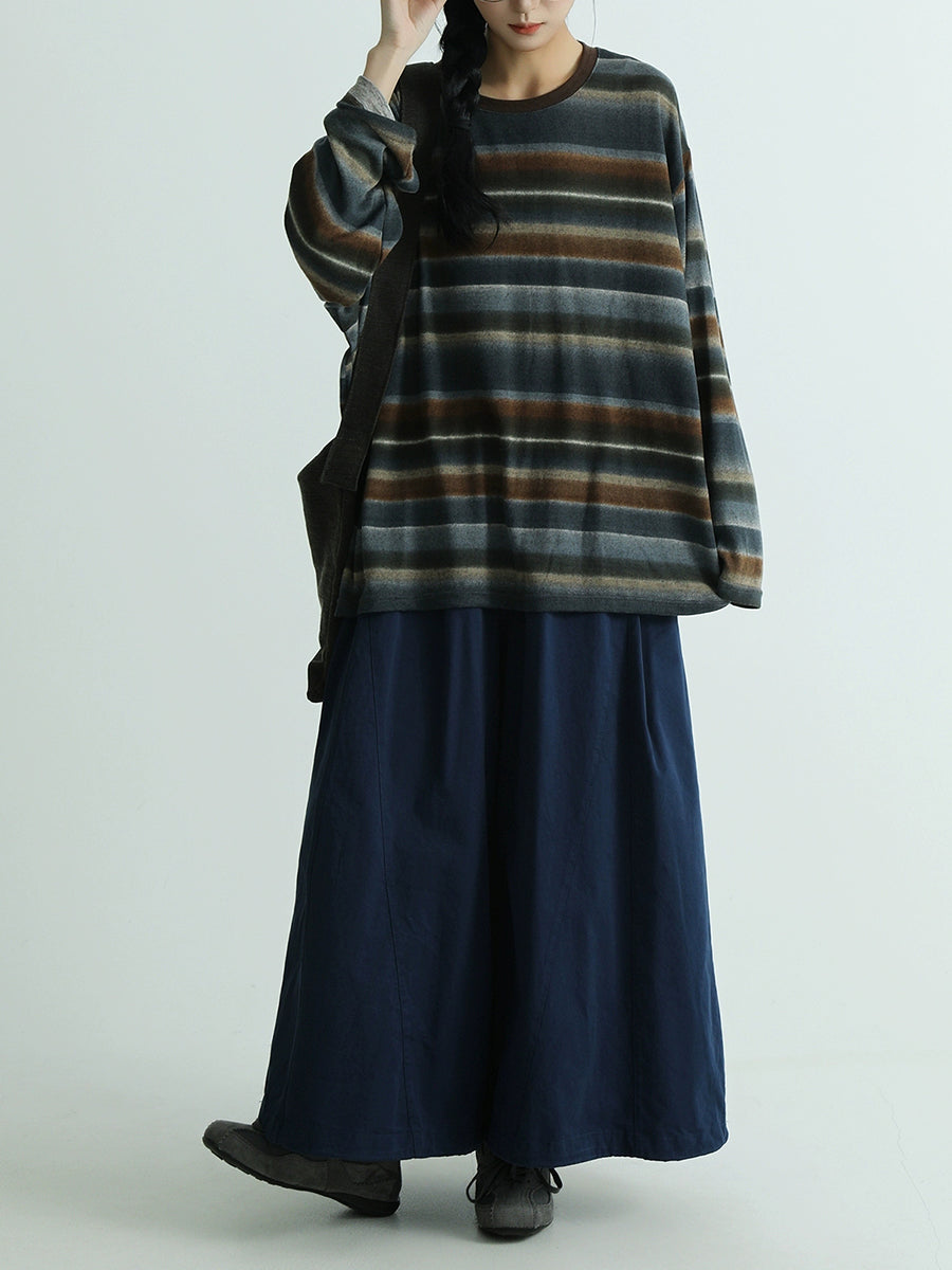 Women Autumn Artsy Stripe Cotton O-Neck Blouse