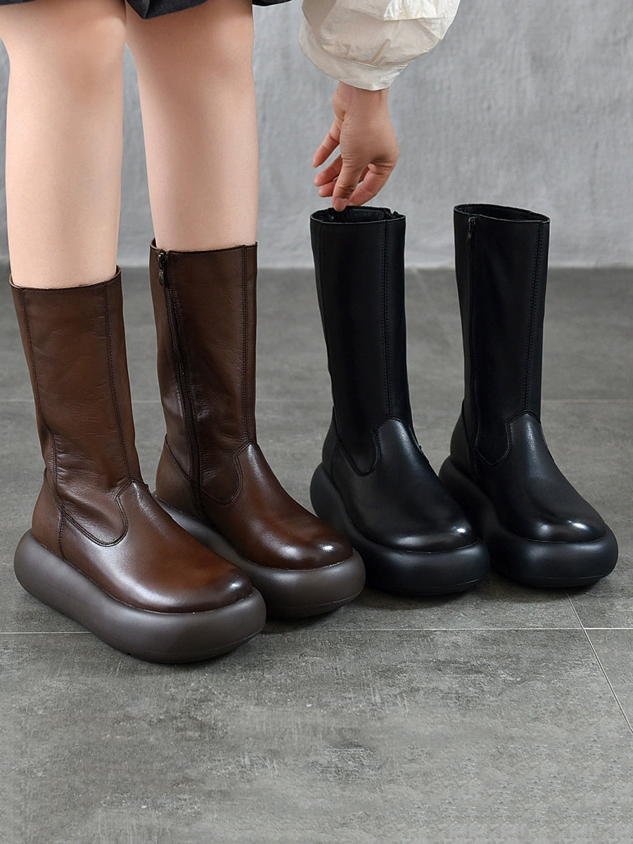 Women Vintage Winter Genuine Leather High Heel Platform Boots