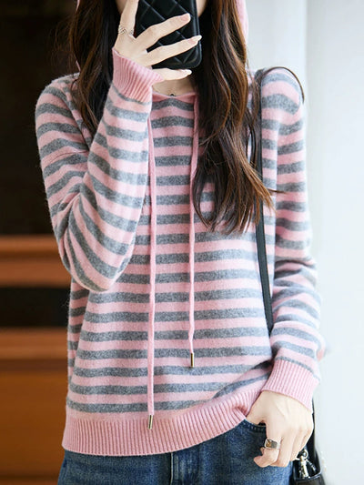 Women Autumn Casual Stripe Wool Knitted Hoodie