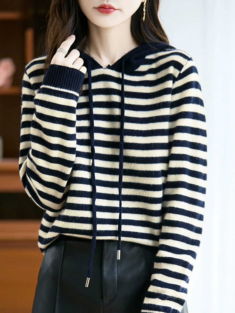 Women Autumn Casual Stripe Wool Knitted Hoodie