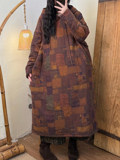 Women Autumn Vintage Flower Hooded Padded Dress