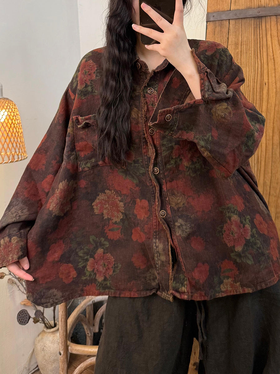 Women Autumn Retro Flower Linen Turn-down Collar Shirt