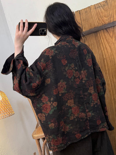 Women Autumn Retro Flower Linen Turn-down Collar Shirt