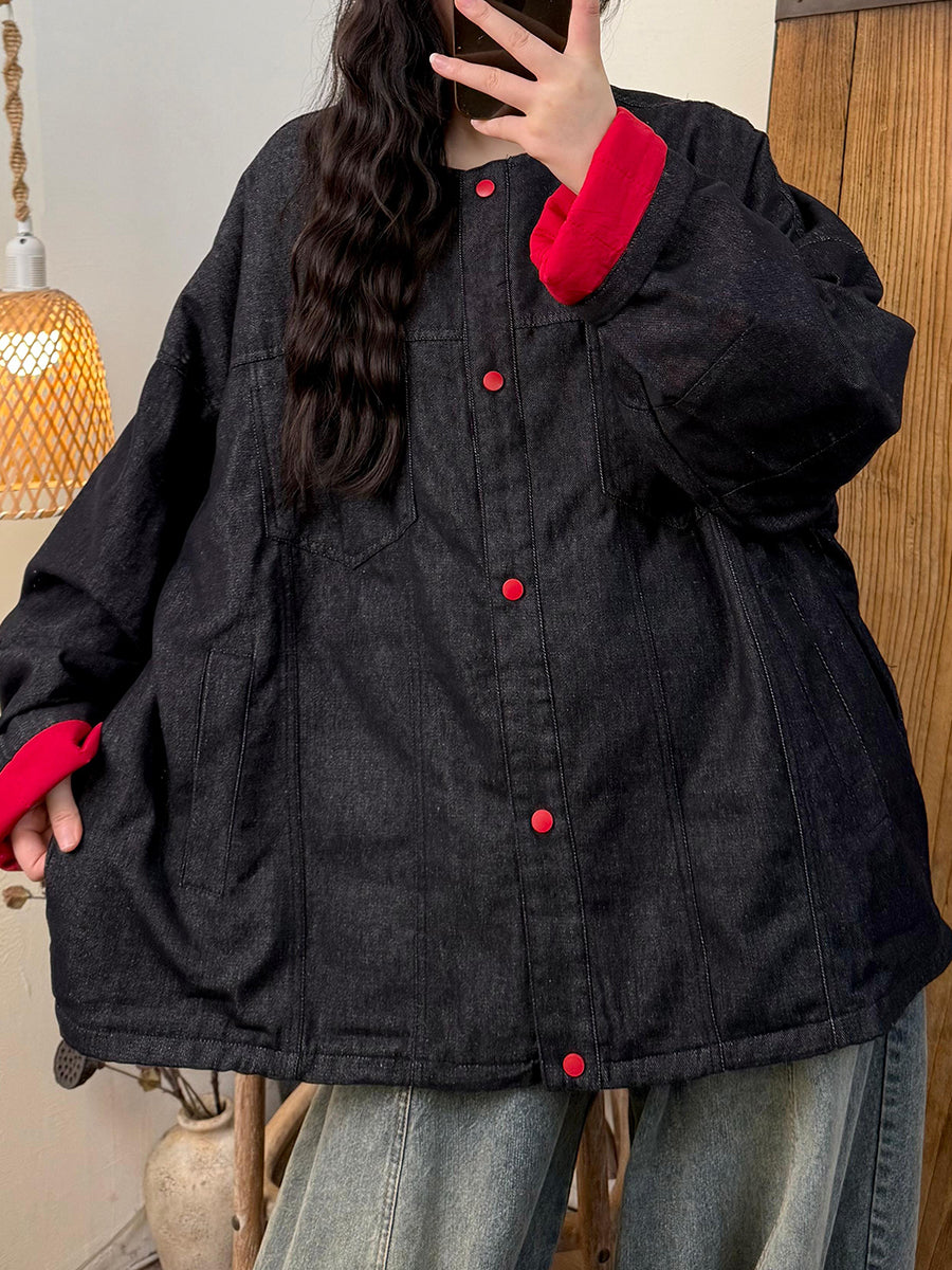 Women Retro AutumnPure Color O-Neck Denim Coat