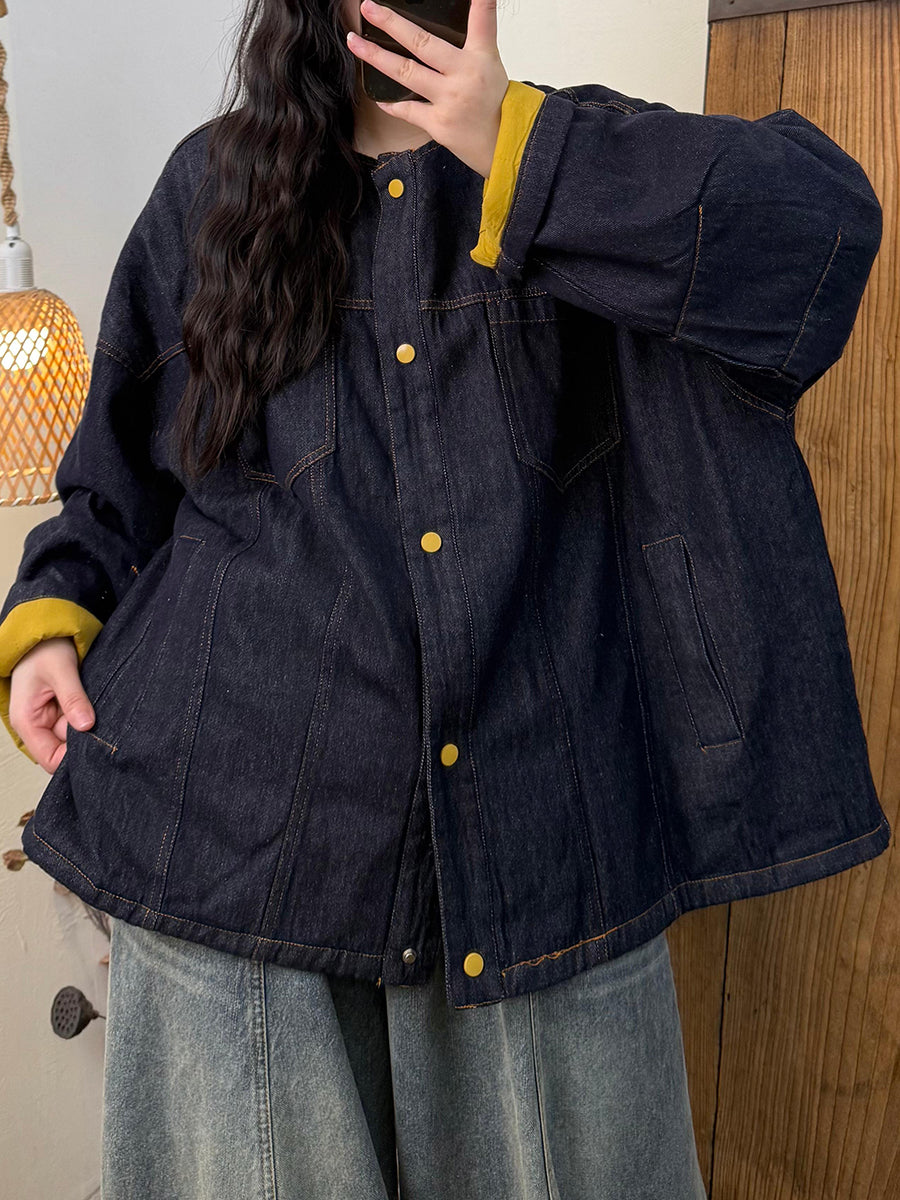 Women Retro AutumnPure Color O-Neck Denim Coat