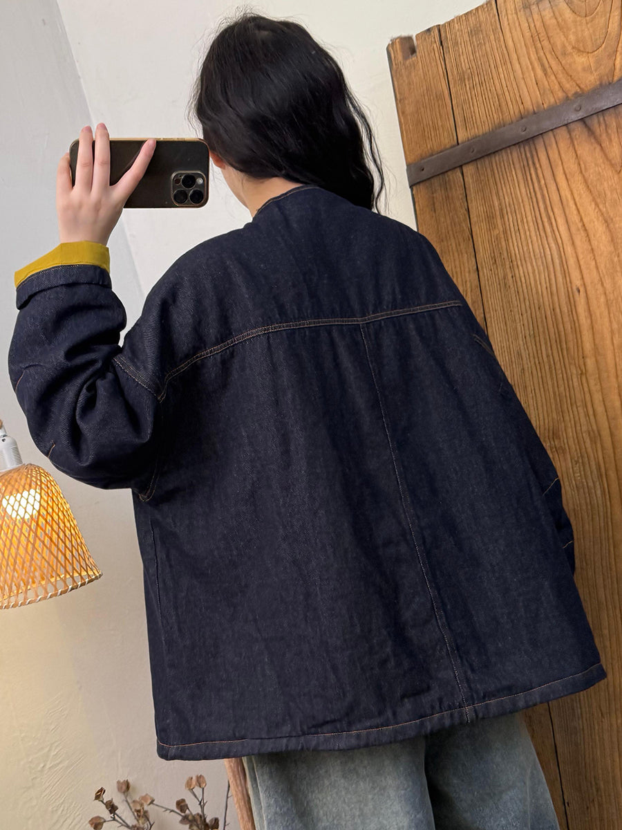 Women Retro AutumnPure Color O-Neck Denim Coat