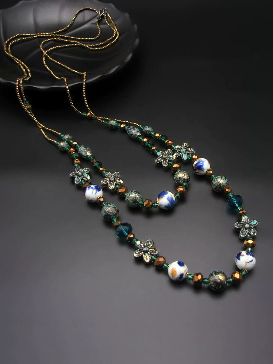 Women Bohemia Bead Ceramic Weave Sweater Necklace