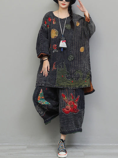 Women Autumn Retro Patchwork Cotton Suits