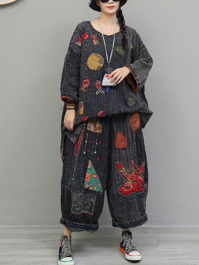 Women Autumn Retro Patchwork Cotton Suits