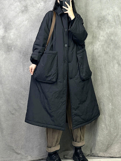 Women Winter Casual Pure Color Cotton Padded Long Coat