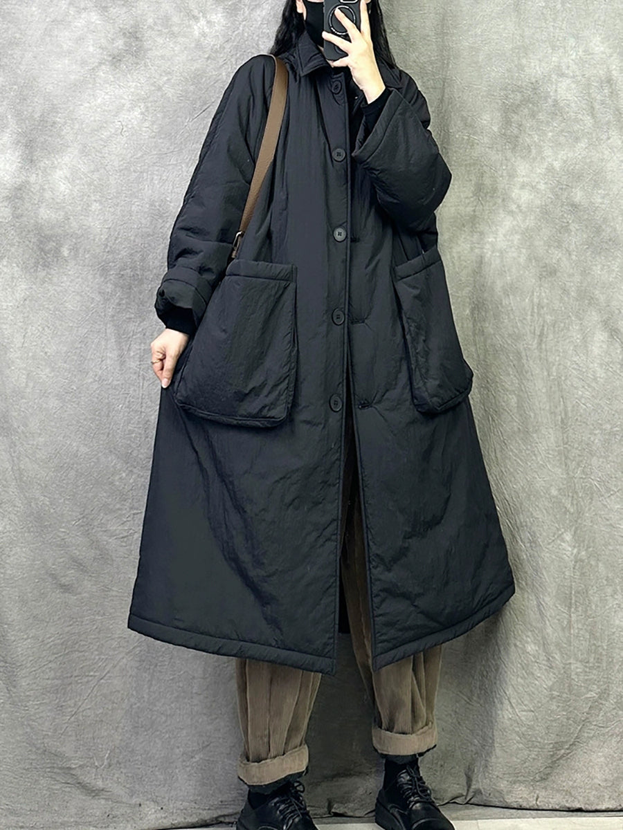 Women Winter Casual Pure Color Cotton Padded Long Coat