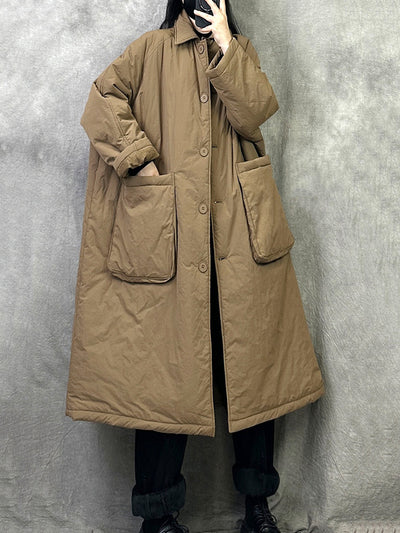 Women Winter Casual Pure Color Cotton Padded Long Coat