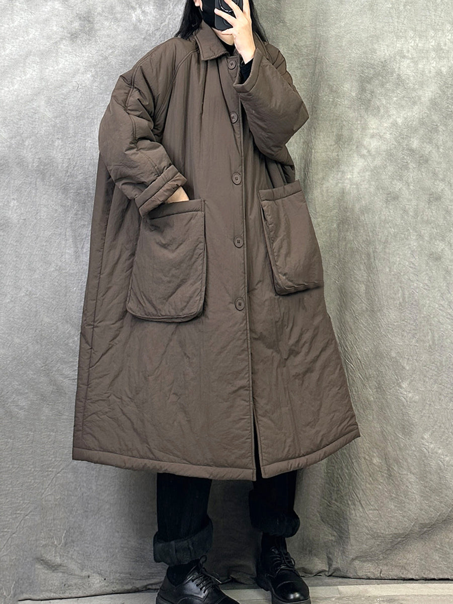Women Winter Casual Pure Color Cotton Padded Long Coat