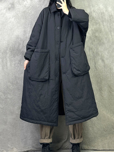 Women Winter Casual Pure Color Cotton Padded Long Coat