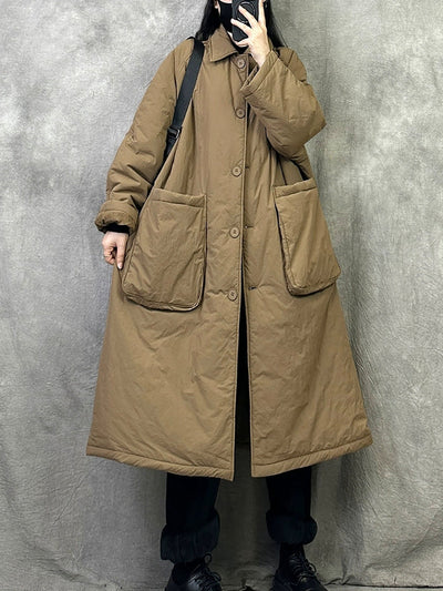 Women Winter Casual Pure Color Cotton Padded Long Coat
