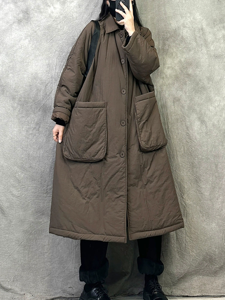 Women Winter Casual Pure Color Cotton Padded Long Coat