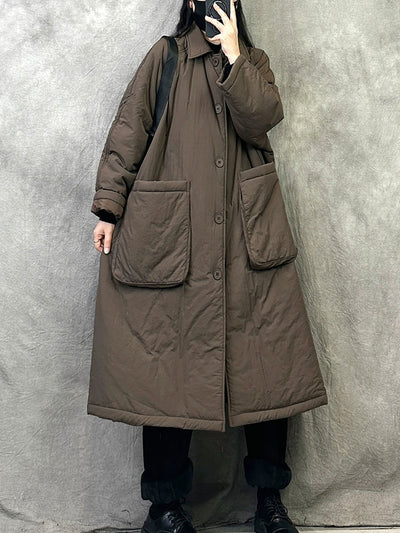 Women Winter Casual Pure Color Cotton Padded Long Coat