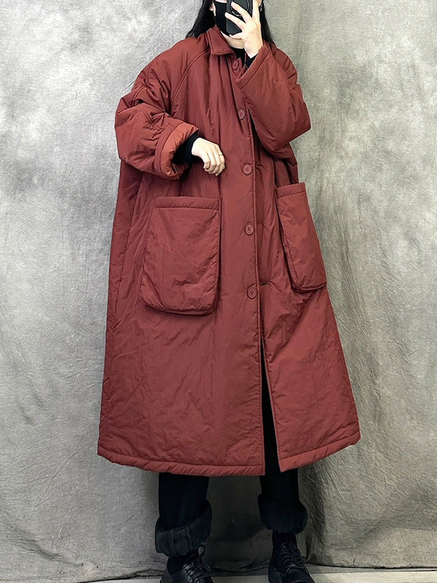 Women Winter Casual Pure Color Cotton Padded Long Coat