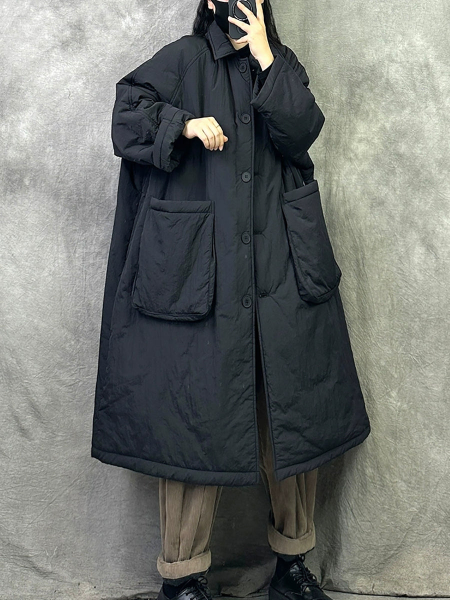 Women Winter Casual Pure Color Cotton Padded Long Coat