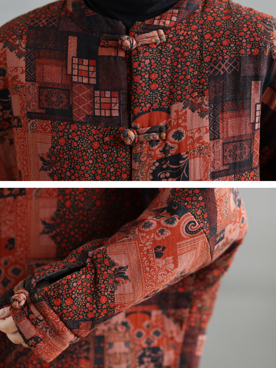 Women Retro Autumn Patchwork Stand Collar Cotton Padded Jacket