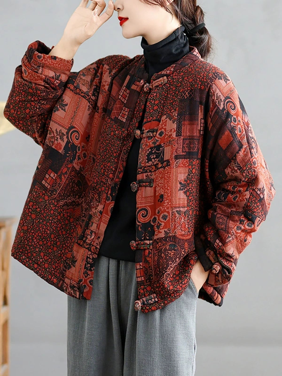 Women Retro Autumn Patchwork Stand Collar Cotton Padded Jacket