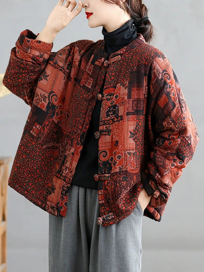 Women Retro Autumn Patchwork Stand Collar Cotton Padded Jacket