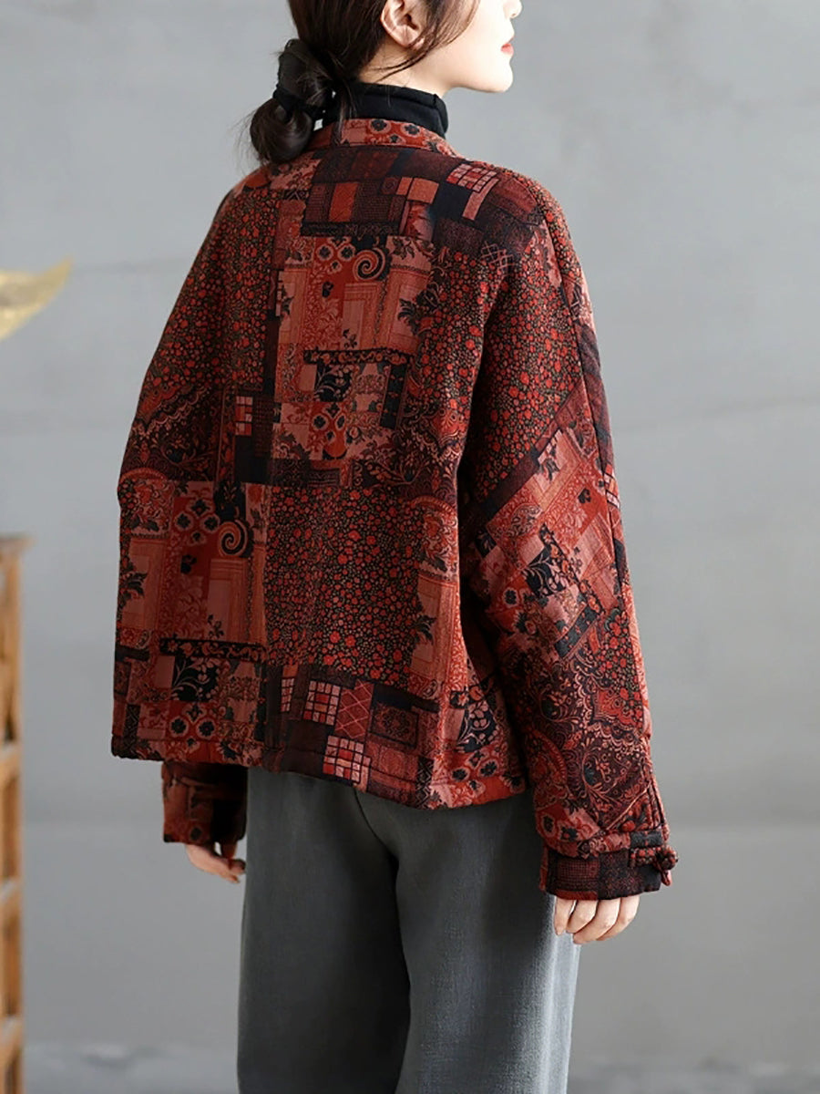 Women Retro Autumn Patchwork Stand Collar Cotton Padded Jacket