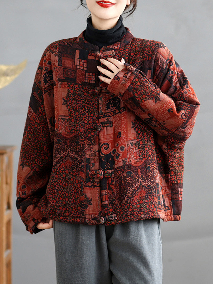 Women Retro Autumn Patchwork Stand Collar Cotton Padded Jacket