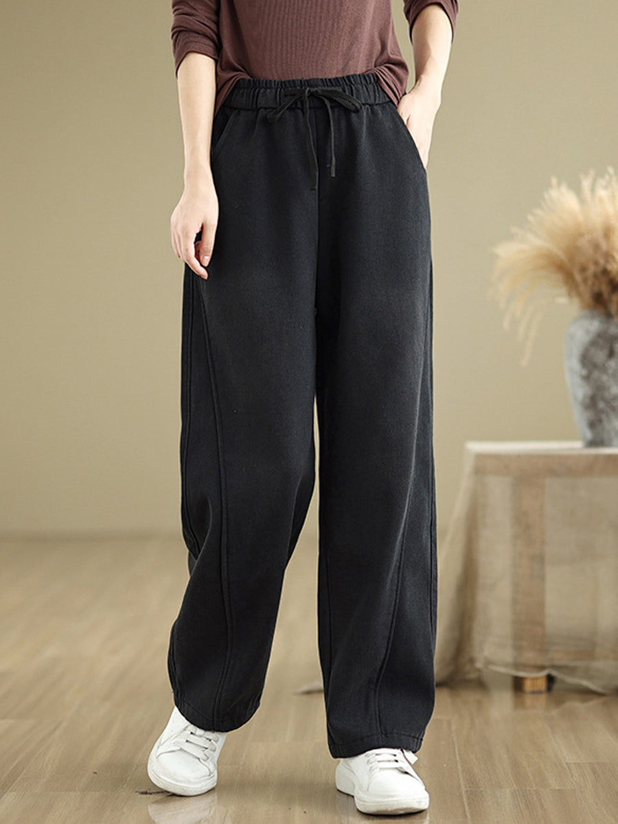 Women Autumn Retro Fleece-lined Denim Straight Pants
