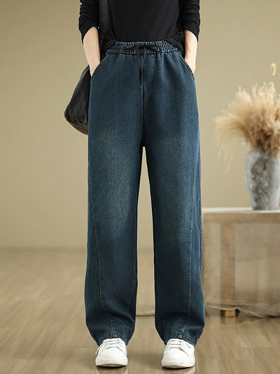 Women Autumn Retro Fleece-lined Denim Straight Pants