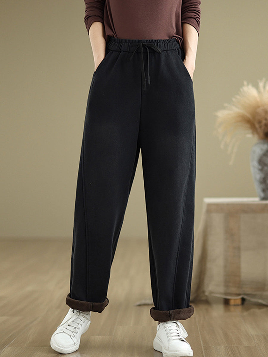 Women Autumn Retro Fleece-lined Denim Straight Pants